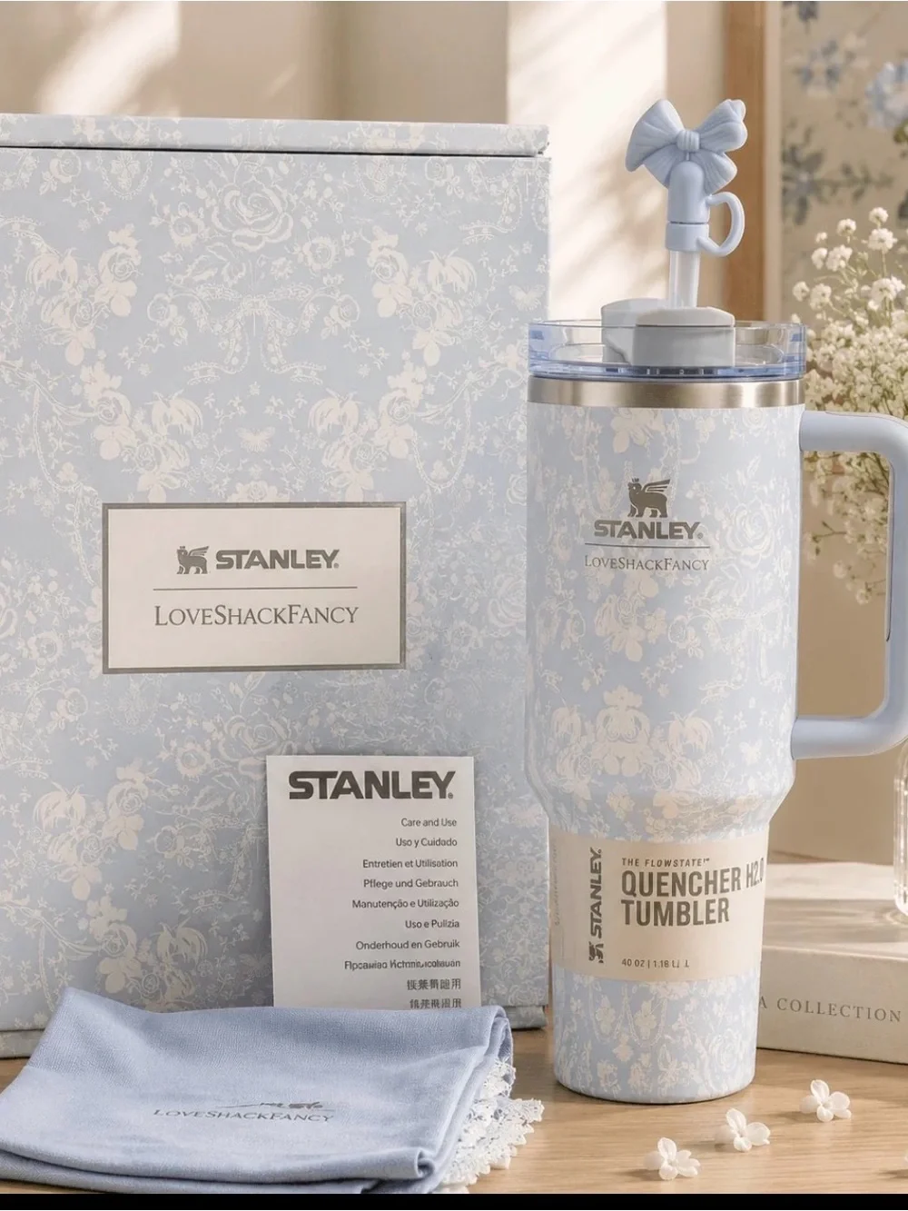 Stanley Pale Blue Floral Quencher Tumbler with Bow Straw